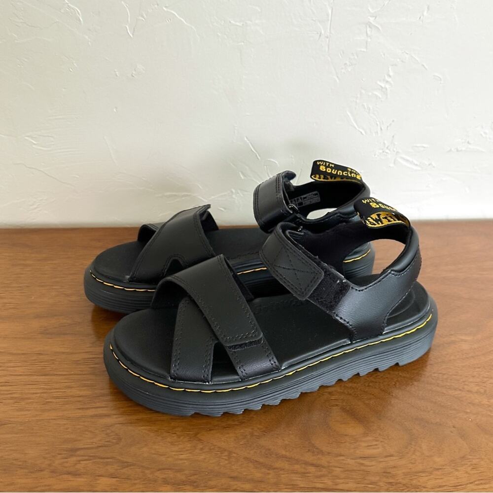 Dr. Martens Black Leather Kids Sandals with Yellow Stitching